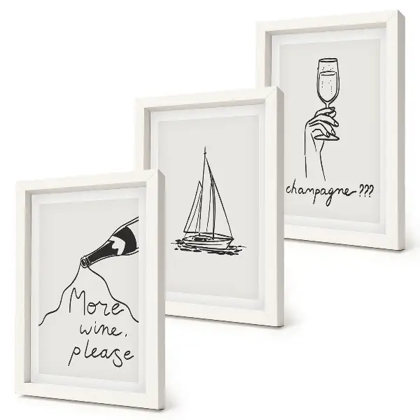 Triptych v ráme pohár na šampanské s motívom plachetnice v lineárnom štýle