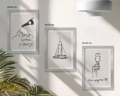 Triptych v ráme pohár na šampanské s motívom plachetnice v lineárnom štýle