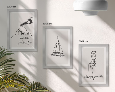 Triptych v ráme pohár na šampanské s vínom, plachetnica, lineárny štýl