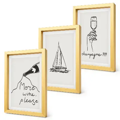 Triptych v ráme pohár na šampanské s motívom plachetnice v lineárnom štýle
