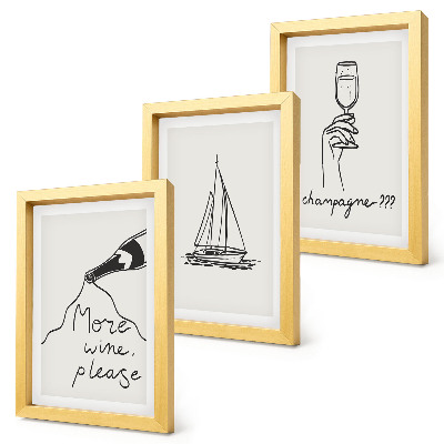 Triptych v ráme pohár na šampanské s vínom, plachetnica, lineárny štýl