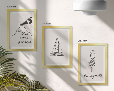 Triptych v ráme pohár na šampanské s vínom, plachetnica, lineárny štýl