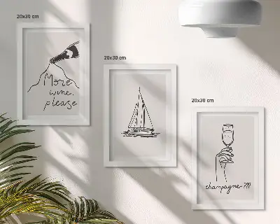 Triptych v ráme pohár na šampanské s motívom plachetnice v lineárnom štýle