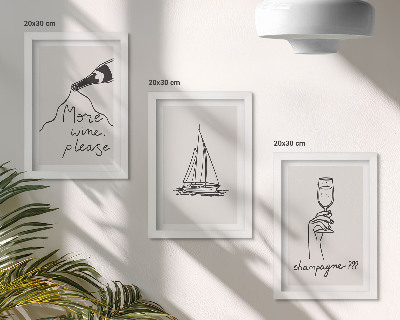 Triptych v ráme pohár na šampanské s vínom, plachetnica, lineárny štýl