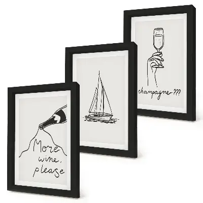 Triptych v ráme pohár na šampanské s motívom plachetnice v lineárnom štýle