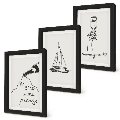 Triptych v ráme pohár na šampanské s vínom, plachetnica, lineárny štýl