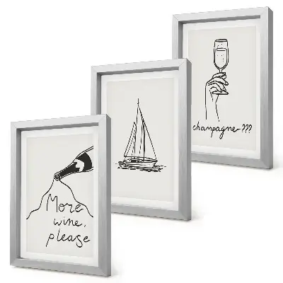Triptych v ráme pohár na šampanské s motívom plachetnice v lineárnom štýle