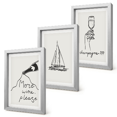 Triptych v ráme pohár na šampanské s vínom, plachetnica, lineárny štýl