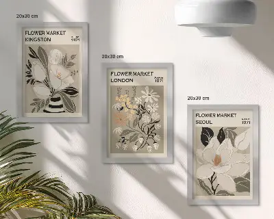 Retro kvety z miest sveta triptych v ráme