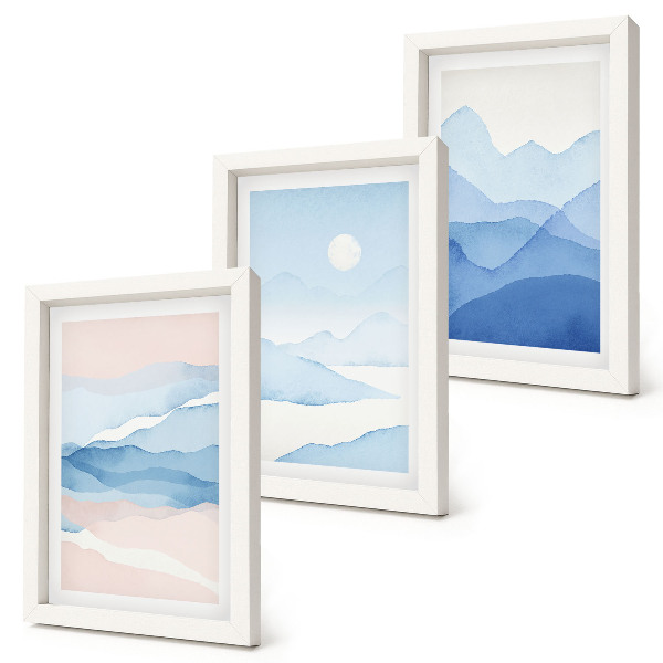 Triptych v ráme Modré a ružové horské krajiny v akvareloch