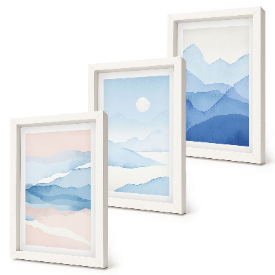 Triptych v ráme Modré a ružové horské krajiny v akvareloch