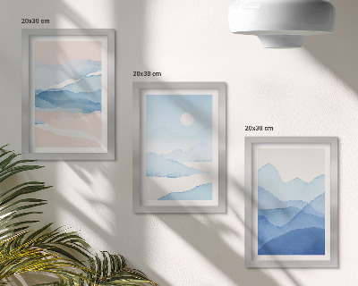 Triptych v ráme Modré a ružové horské krajiny v akvareloch