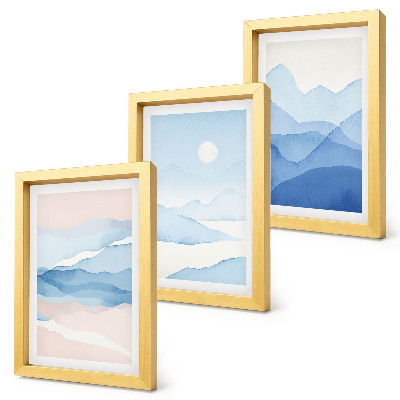 Triptych v ráme Modré a ružové horské krajiny v akvareloch