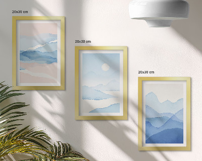 Triptych v ráme Modré a ružové horské krajiny v akvareloch