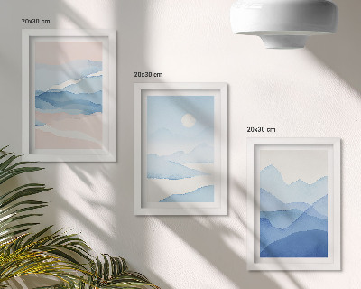 Triptych v ráme Modré a ružové horské krajiny v akvareloch