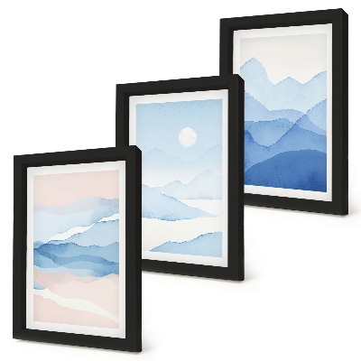 Triptych v ráme Modré a ružové horské krajiny v akvareloch