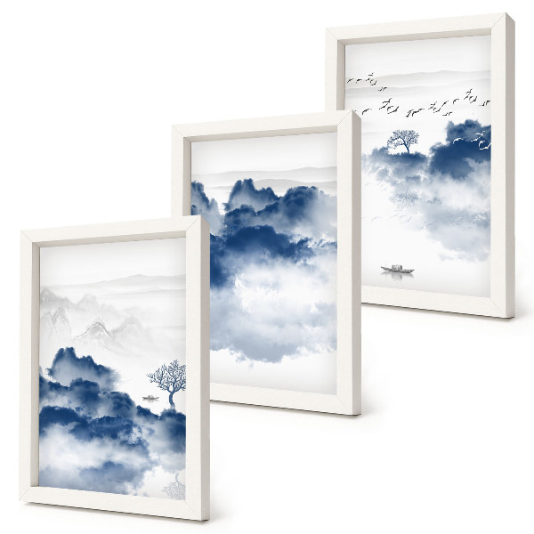 Triptych v ráme Oblačné hory so stromami a vtákmi v pozadí
