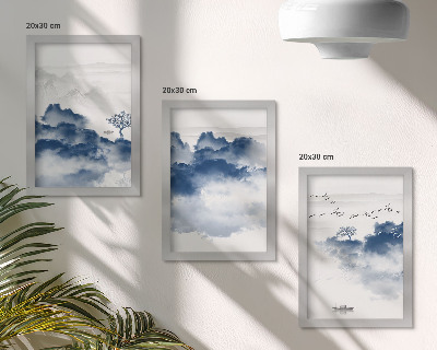 Triptych v ráme Oblačné hory so stromami a vtákmi v pozadí