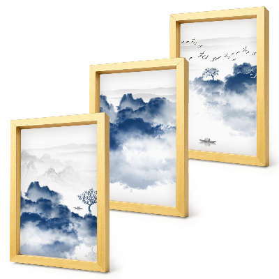 Triptych v ráme Oblačné hory so stromami a vtákmi v pozadí
