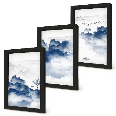 Triptych v ráme Oblačné hory so stromami a vtákmi v pozadí
