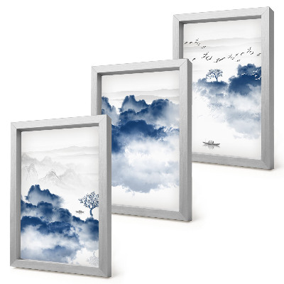 Triptych v ráme Oblačné hory so stromami a vtákmi v pozadí