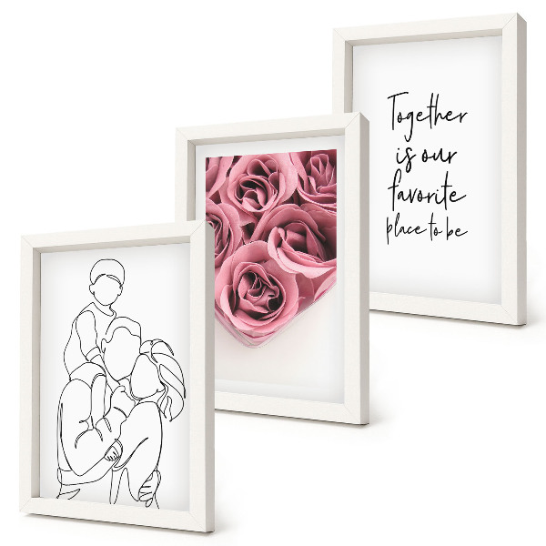 Triptych v ráme Rodinný lineart ružové kytice nápis domov