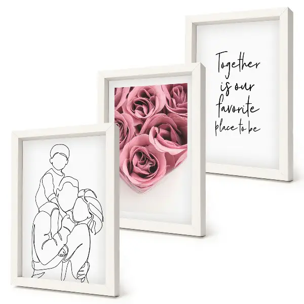Rodinný lineart ružové kytice nápis domov triptych v ráme