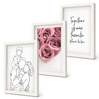 Triptych v ráme Rodinný lineart ružové kytice nápis domov