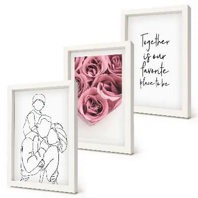 Rodinný lineart ružové kytice nápis domov triptych v ráme