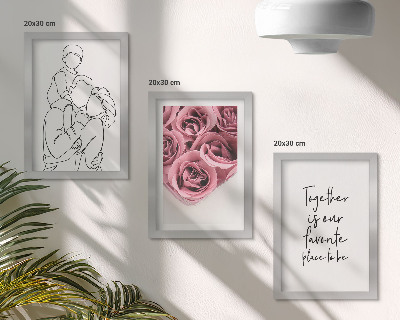 Triptych v ráme Rodinný lineart ružové kytice nápis domov