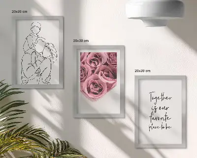 Rodinný lineart ružové kytice nápis domov triptych v ráme