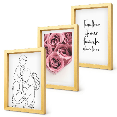 Triptych v ráme Rodinný lineart ružové kytice nápis domov