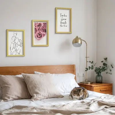 Rodinný lineart ružové kytice nápis domov triptych v ráme