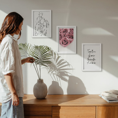 Triptych v ráme Rodinný lineart ružové kytice nápis domov