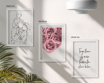 Triptych v ráme Rodinný lineart ružové kytice nápis domov