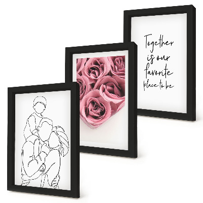 Triptych v ráme Rodinný lineart ružové kytice nápis domov