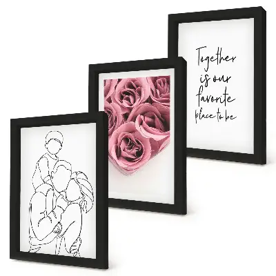 Rodinný lineart ružové kytice nápis domov triptych v ráme