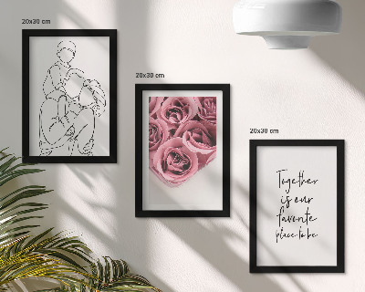 Triptych v ráme Rodinný lineart ružové kytice nápis domov