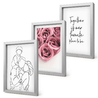 Triptych v ráme Rodinný lineart ružové kytice nápis domov