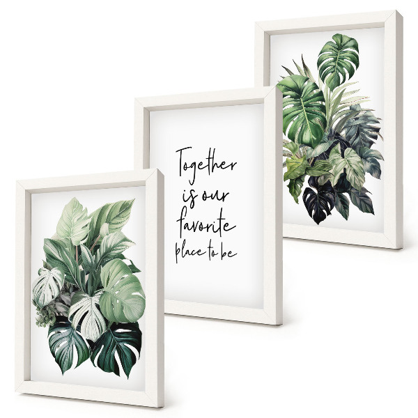 Triptych v ráme Zelené listy tropických rastlín s dekoratívnym nápisom