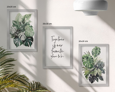 Triptych v ráme Zelené listy tropických rastlín s dekoratívnym nápisom