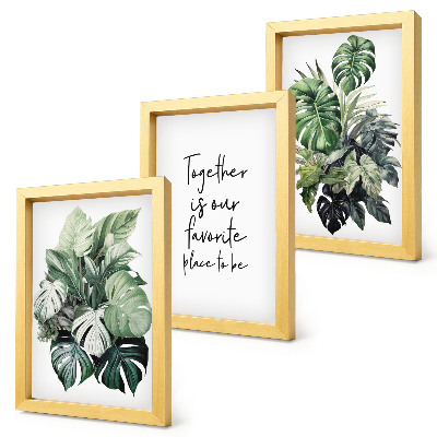 Triptych v ráme Zelené listy tropických rastlín s dekoratívnym nápisom