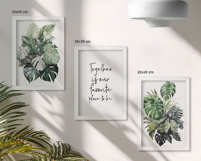Triptych v ráme Zelené listy tropických rastlín s dekoratívnym nápisom