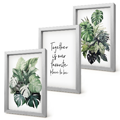 Triptych v ráme Zelené listy tropických rastlín s dekoratívnym nápisom