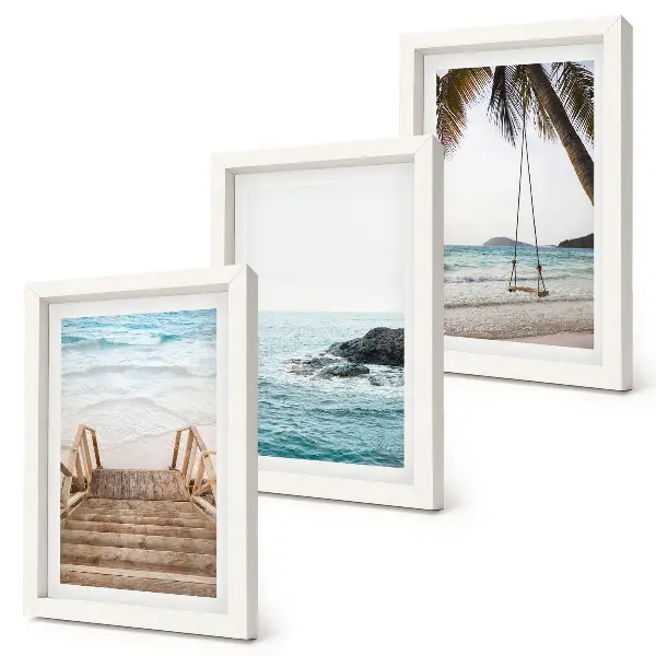 Triptych v ráme schody na pláž s výhľadom na more a hojdačkou v tvare palmy