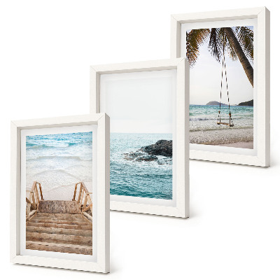 Triptych v ráme Schody na pláž, výhľad na more a hojdačka v tvare palmy