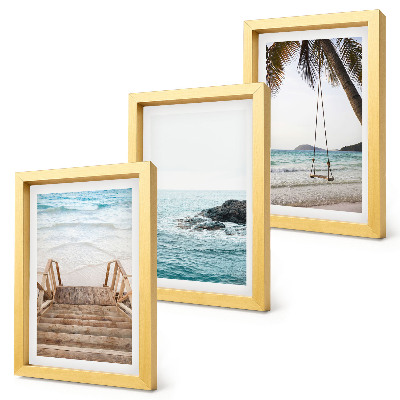 Triptych v ráme Schody na pláž, výhľad na more a hojdačka v tvare palmy