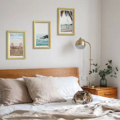 Triptych v ráme schody na pláž s výhľadom na more a hojdačkou v tvare palmy