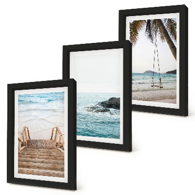 Triptych v ráme Schody na pláž, výhľad na more a hojdačka v tvare palmy