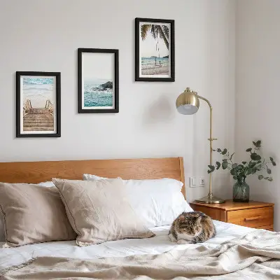 Triptych v ráme schody na pláž s výhľadom na more a hojdačkou v tvare palmy